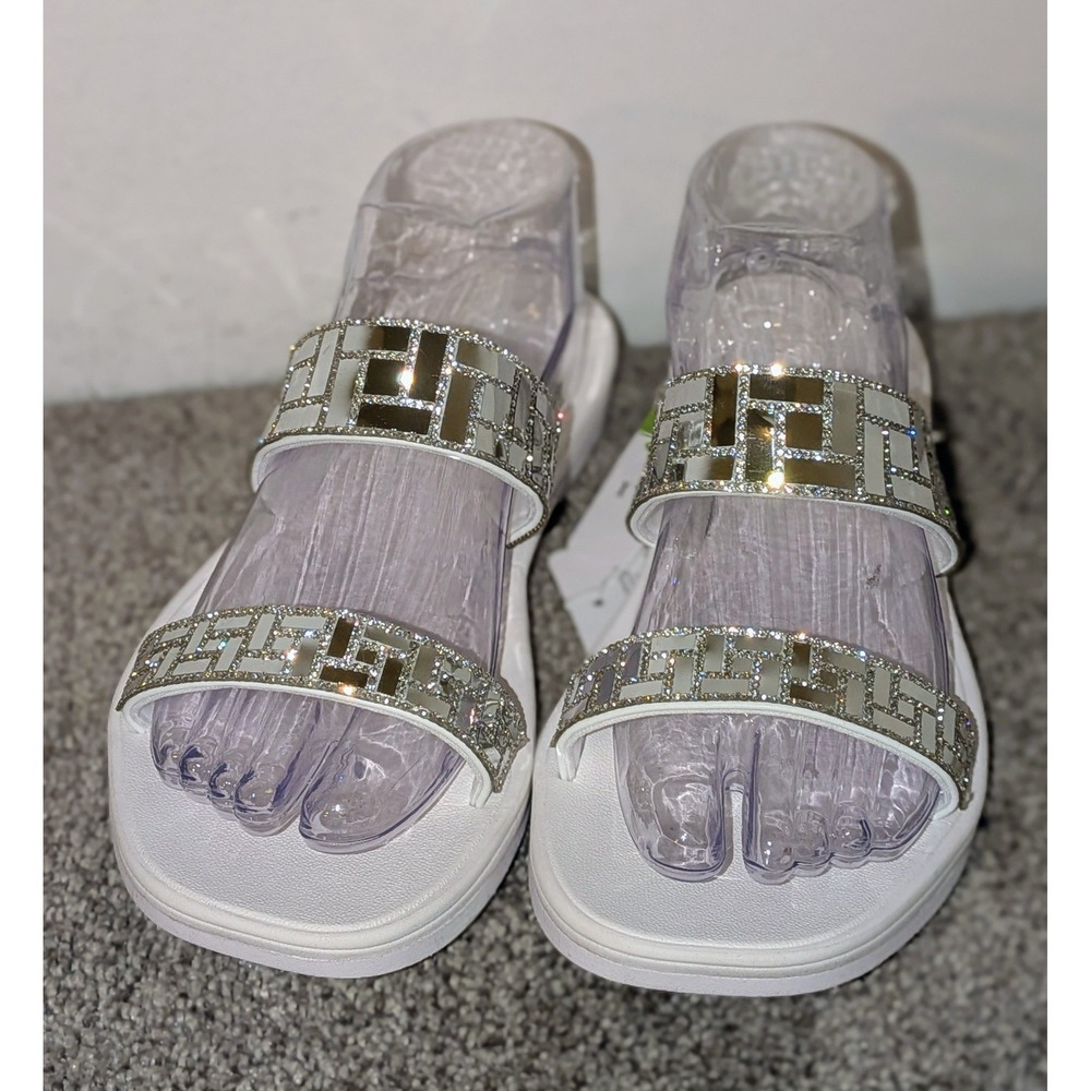 ONCAI Womens White Rhinestone Slide Sandals Silver Mirror Glam‎ Bling 8.5 NWT